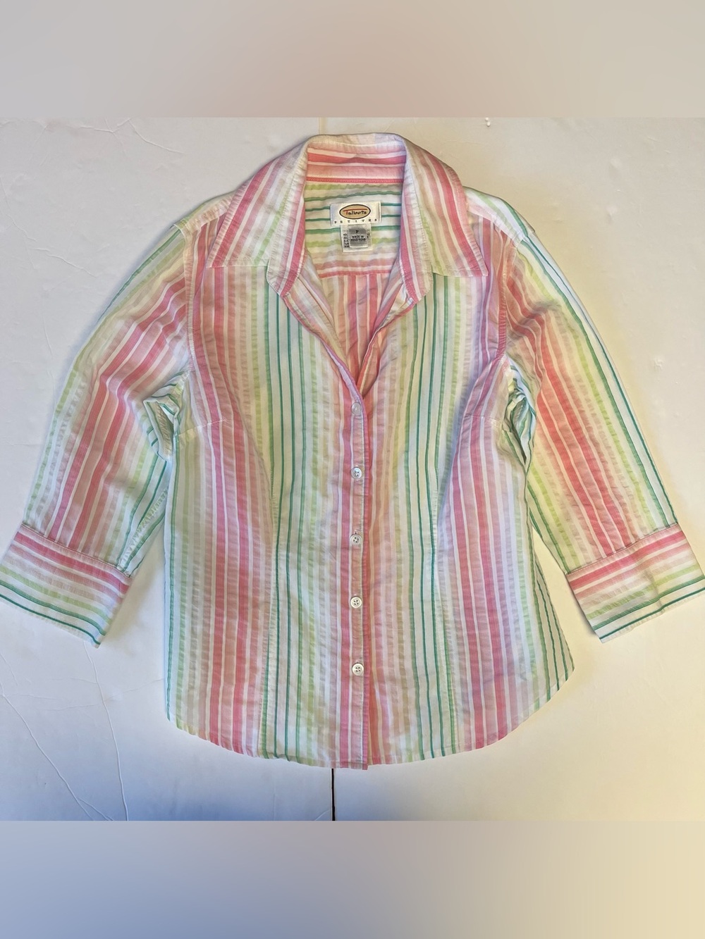 Petite 100% Cotton Grandmacore Blouse Talbots Petites Size P Pink Green Striped